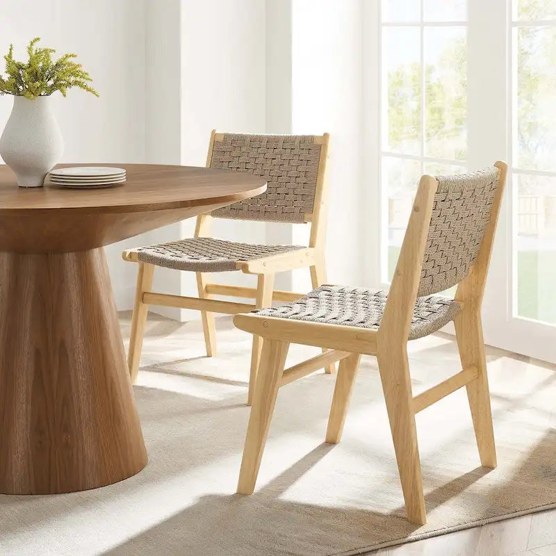 Lot de 2 chaises de salle à manger en corde tressée et bois, chaises de cuisine style bohème rotin naturel