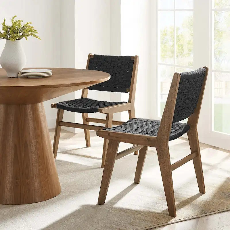 Lot de 2 chaises de salle à manger en corde tressée et bois, chaises de cuisine style bohème rotin naturel
