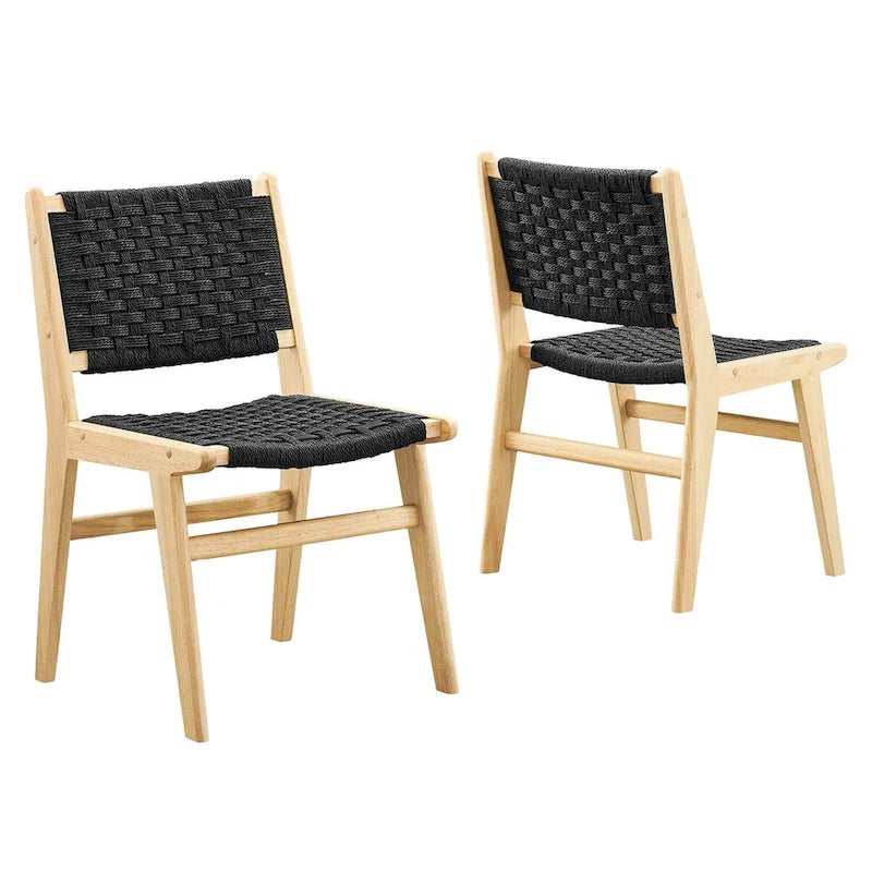 Lot de 2 chaises de salle à manger en corde tressée et bois, chaises de cuisine style bohème rotin naturel