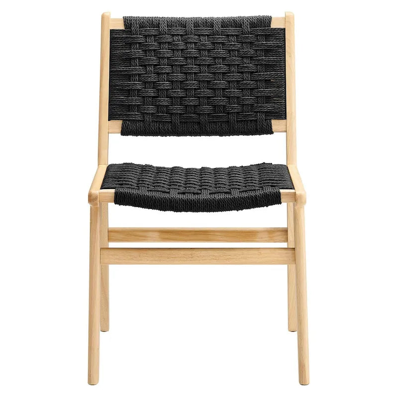 Lot de 2 chaises de salle à manger en corde tressée et bois, chaises de cuisine style bohème rotin naturel