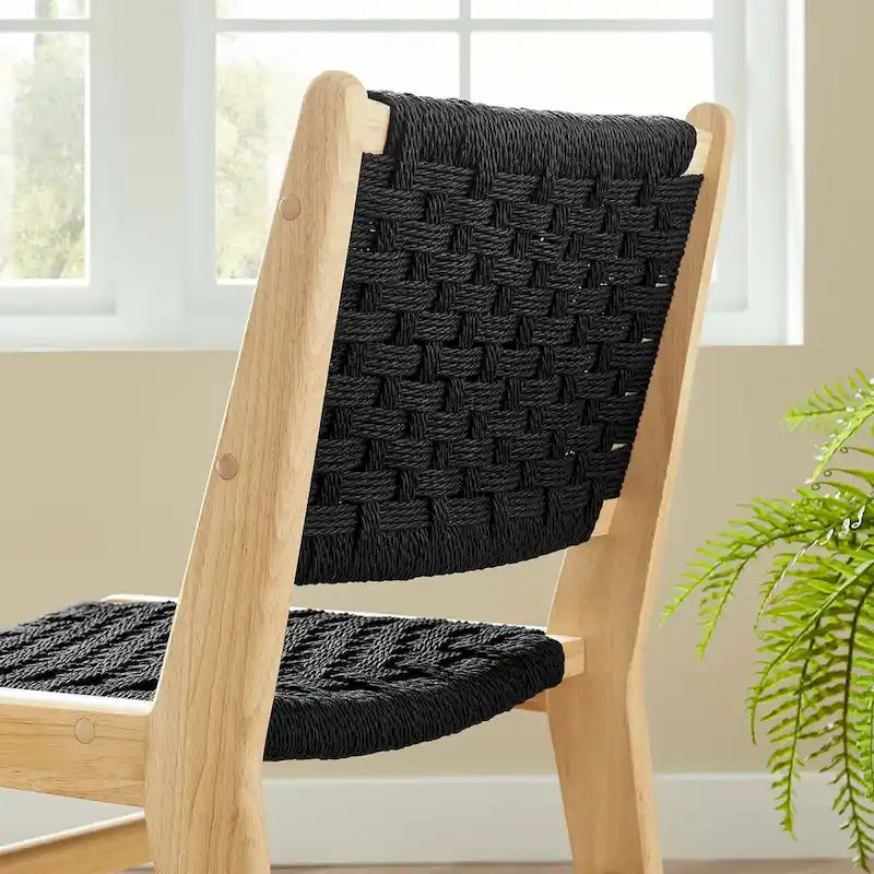 Lot de 2 chaises de salle à manger en corde tressée et bois, chaises de cuisine style bohème rotin naturel