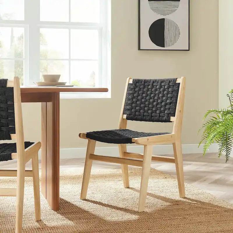 Lot de 2 chaises de salle à manger en corde tressée et bois, chaises de cuisine style bohème rotin naturel