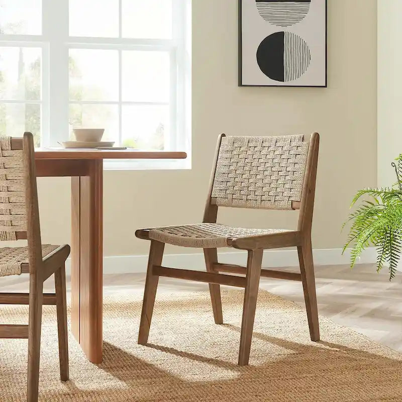 Lot de 2 chaises de salle à manger en corde tressée et bois, chaises de cuisine style bohème rotin naturel