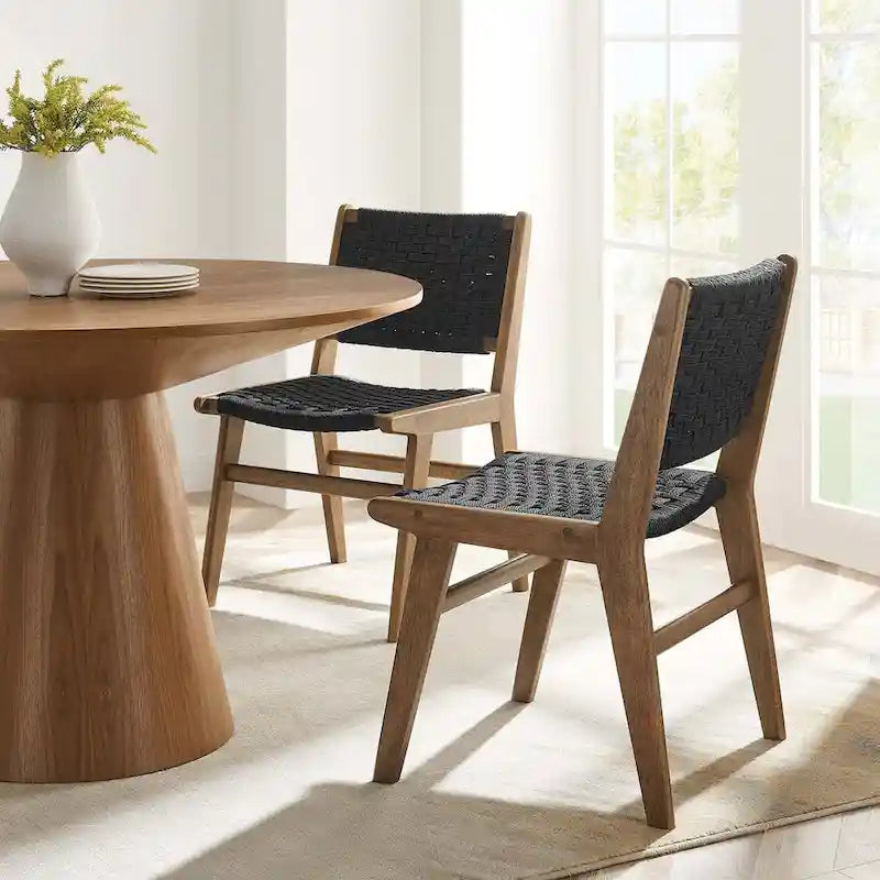Lot de 2 chaises de salle à manger en corde tressée et bois, chaises de cuisine style bohème rotin naturel