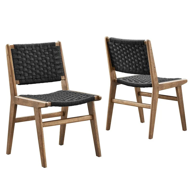 Lot de 2 chaises de salle à manger en corde tressée et bois, chaises de cuisine style bohème rotin naturel