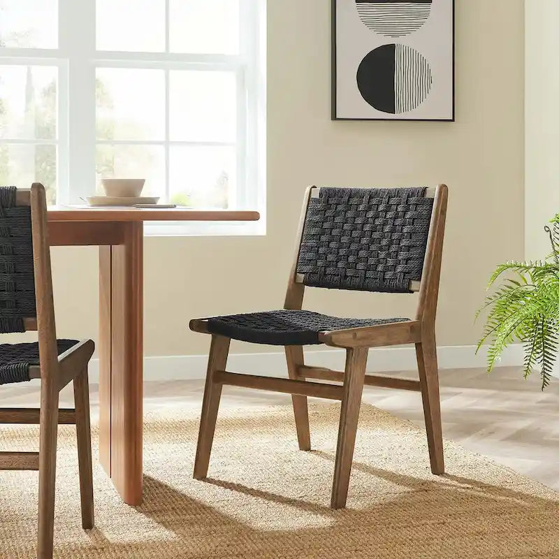 Lot de 2 chaises de salle à manger en corde tressée et bois, chaises de cuisine style bohème rotin naturel