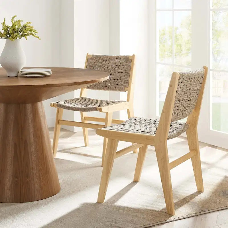 Lot de 2 chaises de salle à manger en corde tressée et bois, chaises de cuisine style bohème rotin naturel