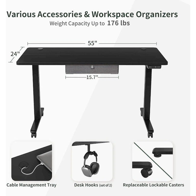 Bureau debout électrique réglable en hauteur avec tiroir, bureau de travail ergonomique assis-debout pour la maison
