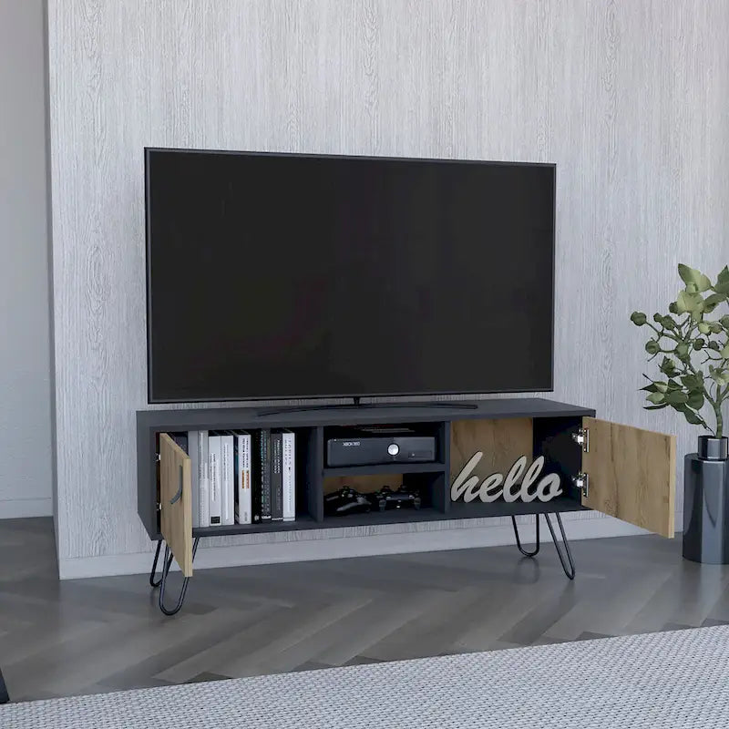 Meuble TV moderne avec étagères ouvertes et rangements, Console multimédia pour téléviseurs jusqu'à 65 po
