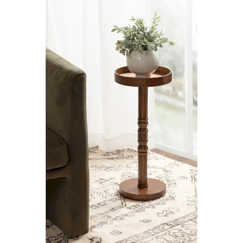 Table d'appoint sur pied avec plateau rond et base tournée, table d'appoint de style rustique