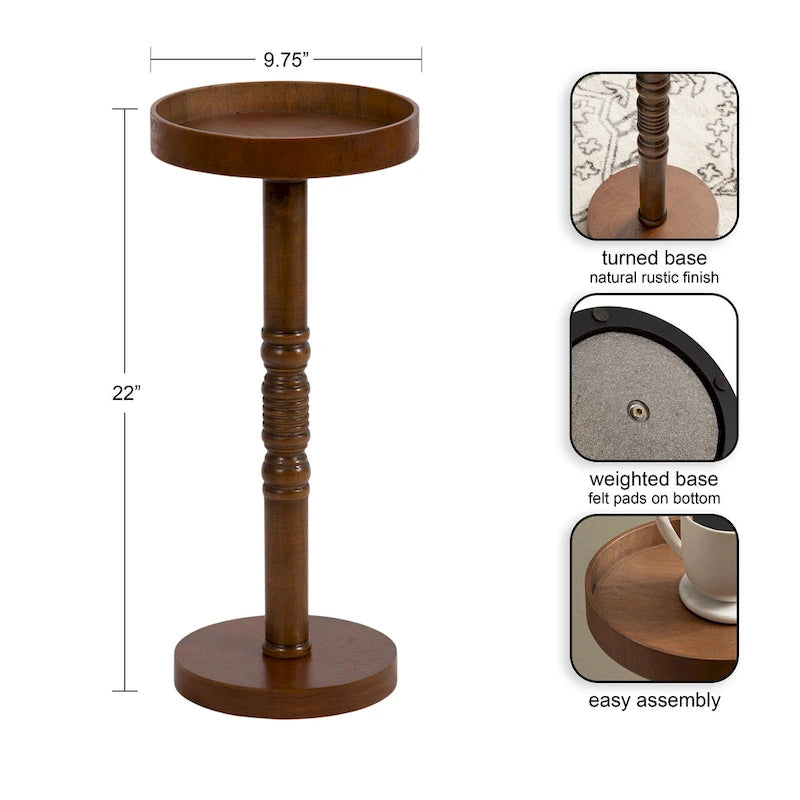 Table d'appoint sur pied avec plateau rond et base tournée, table d'appoint de style rustique