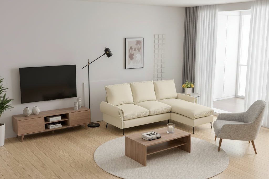 Canapé d'angle contemporain en cuir technique, méridienne réversible, beige