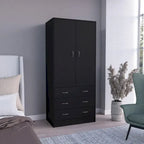 Armoire 2 portes 3 tiroirs avec tringle, armoire de chambre de 180 cm de hauteur en noir ou blanc