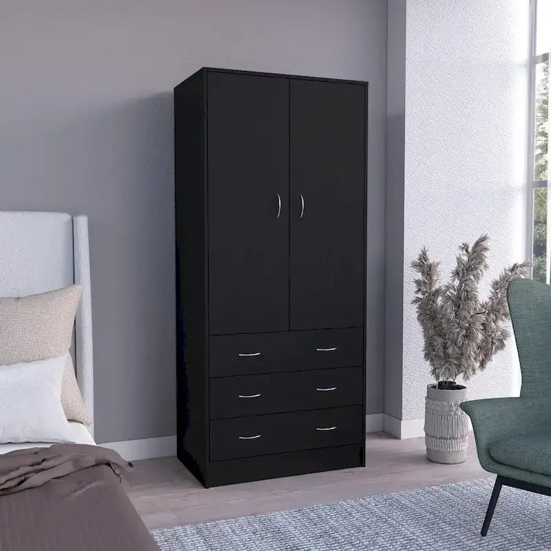 Armoire 2 portes 3 tiroirs avec tringle, armoire de chambre de 180 cm de hauteur en noir ou blanc