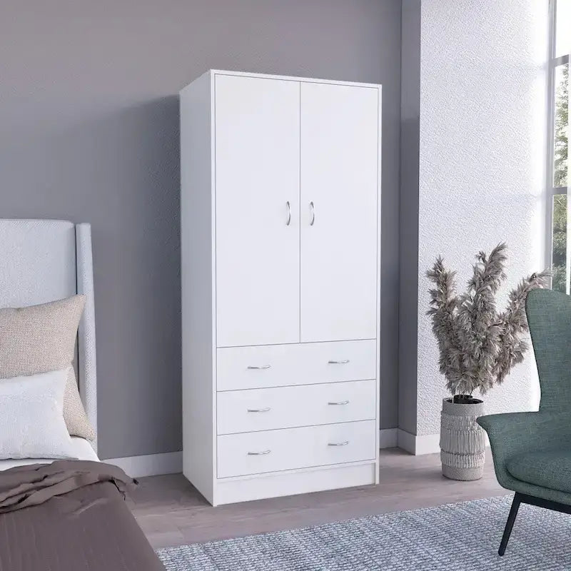 Armoire 2 portes 3 tiroirs avec tringle, armoire de chambre de 180 cm de hauteur en noir ou blanc