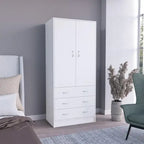 Armoire 2 portes 3 tiroirs avec tringle, armoire de chambre de 180 cm de hauteur en noir ou blanc