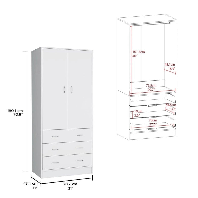 Armoire 2 portes 3 tiroirs avec tringle, armoire de chambre de 180 cm de hauteur en noir ou blanc