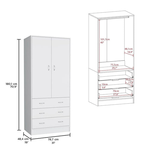 Armoire 2 portes 3 tiroirs avec tringle, armoire de chambre de 180 cm de hauteur en noir ou blanc