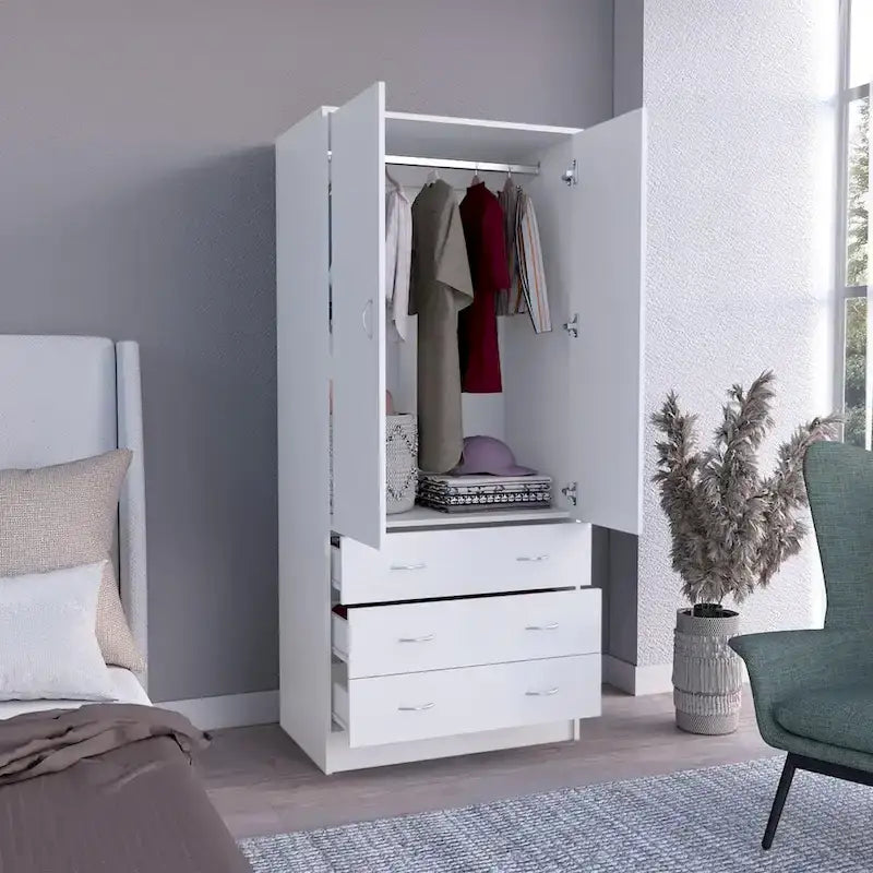 Armoire 2 portes 3 tiroirs avec tringle, armoire de chambre de 180 cm de hauteur en noir ou blanc