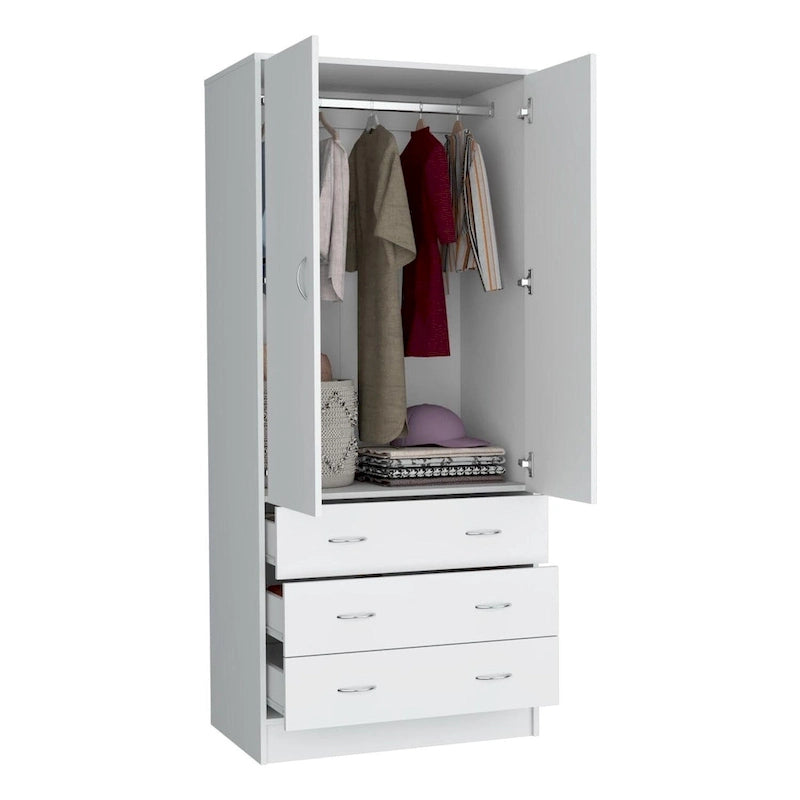 Armoire 2 portes 3 tiroirs avec tringle, armoire de chambre de 180 cm de hauteur en noir ou blanc