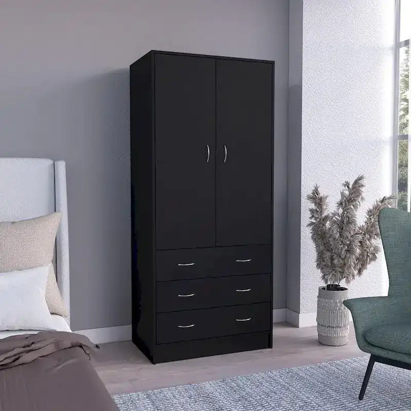 Armoire 2 portes 3 tiroirs avec tringle, armoire de chambre de 180 cm de hauteur en noir ou blanc