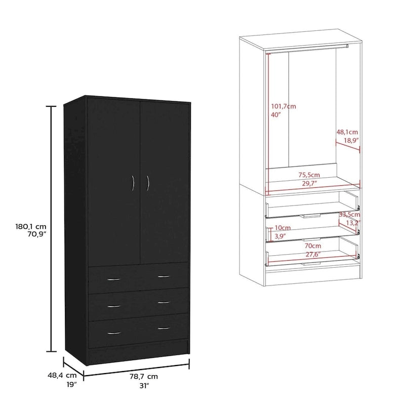 Armoire 2 portes 3 tiroirs avec tringle, armoire de chambre de 180 cm de hauteur en noir ou blanc
