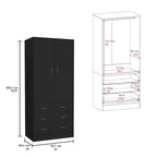 Armoire 2 portes 3 tiroirs avec tringle, armoire de chambre de 180 cm de hauteur en noir ou blanc