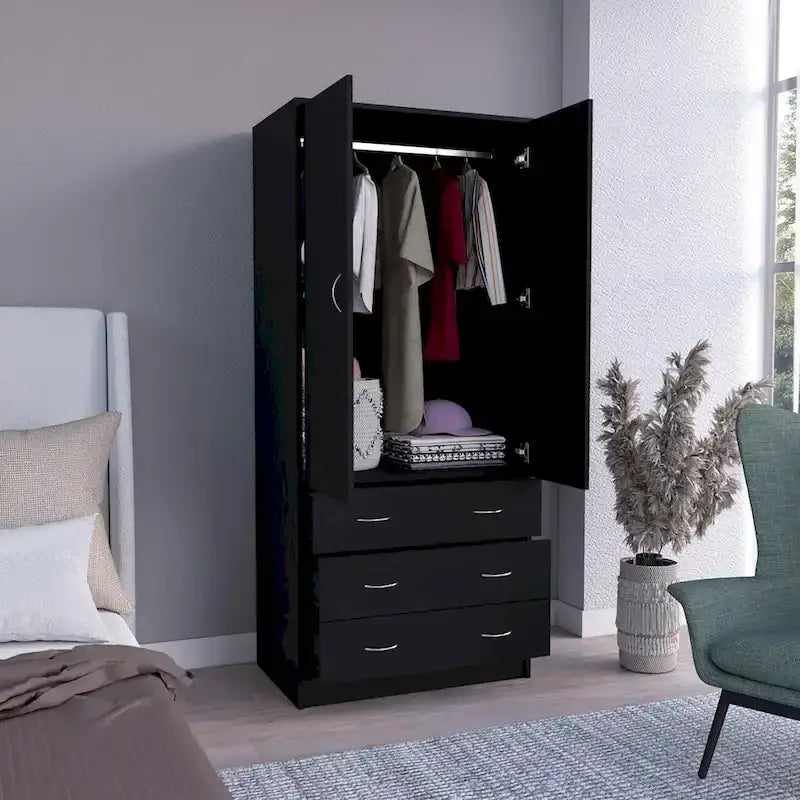 Armoire 2 portes 3 tiroirs avec tringle, armoire de chambre de 180 cm de hauteur en noir ou blanc