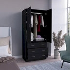 Armoire 2 portes 3 tiroirs avec tringle, armoire de chambre de 180 cm de hauteur en noir ou blanc