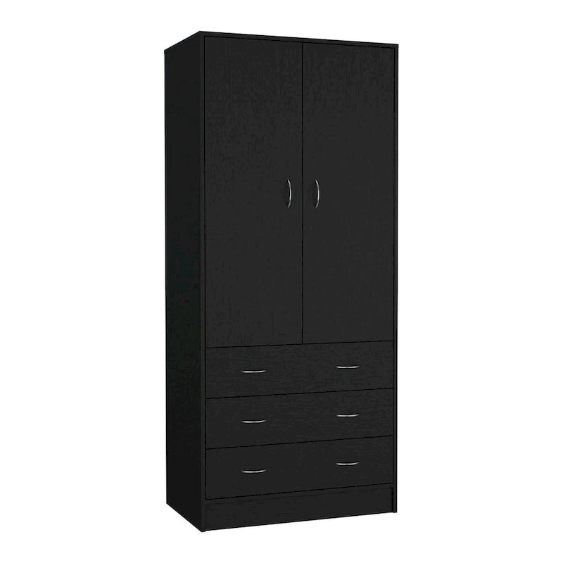 Armoire 2 portes 3 tiroirs avec tringle, armoire de chambre de 180 cm de hauteur en noir ou blanc