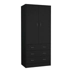 Armoire 2 portes 3 tiroirs avec tringle, armoire de chambre de 180 cm de hauteur en noir ou blanc