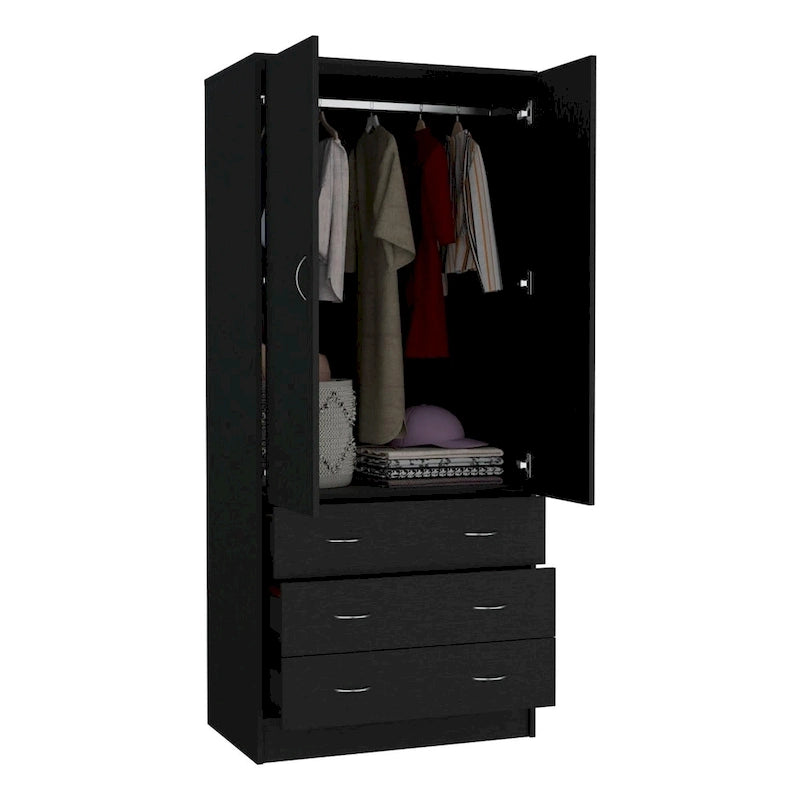 Armoire 2 portes 3 tiroirs avec tringle, armoire de chambre de 180 cm de hauteur en noir ou blanc