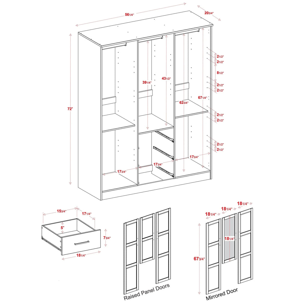 Armoire Palace Imports Cosmo à 3 portes en bois massif à 100 %, avec portes en bois massif ou miroirs