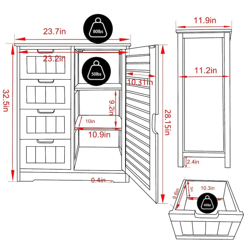Meuble de rangement sur pied pour salle de bain VEIKOUS avec 4 tiroirs