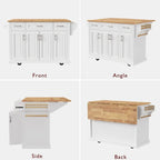 Grand îlot de cuisine avec abattant en bois, desserte à roulettes avec texture en relief, portes, tiroirs et rangement pour cuisine, blanc