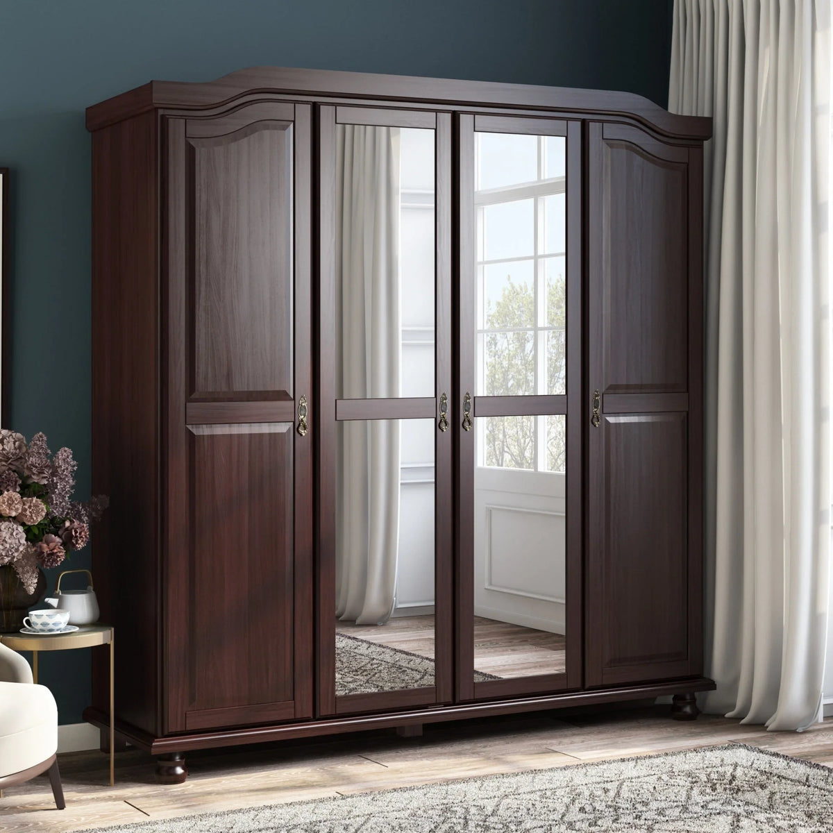 Armoire-penderie Kyle à 4 portes en bois massif 100 % Palace Imports, avec portes en bois massif ou miroir